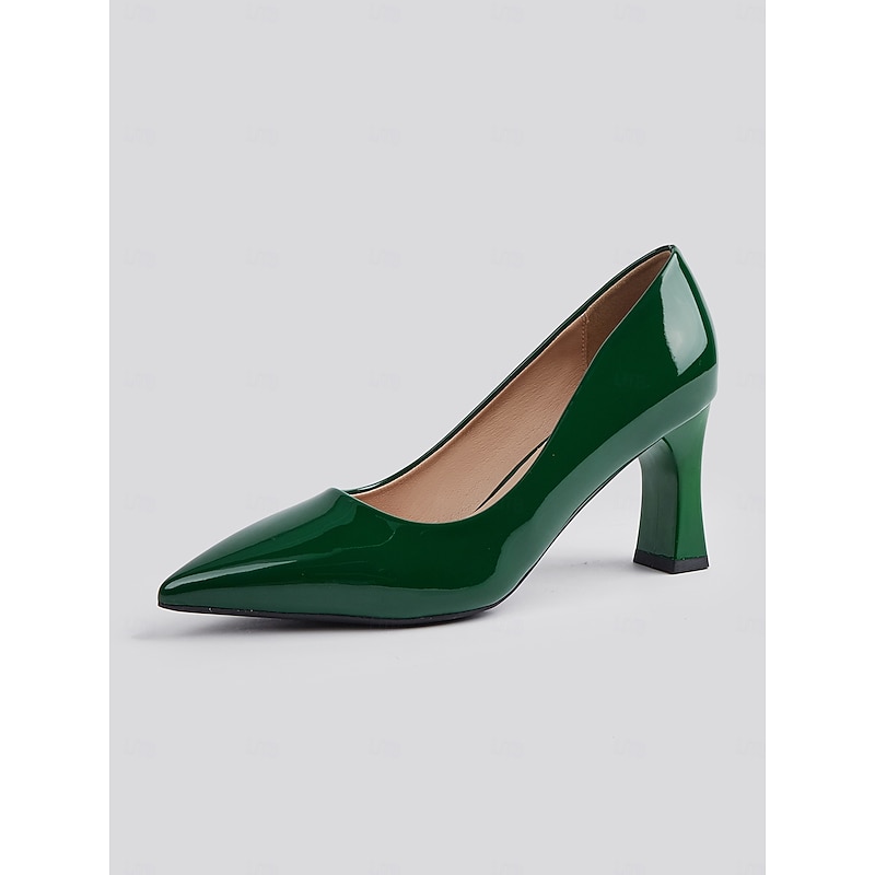 Glossy Green Patent Faux Leather Pointed-Toe Block Heel Pumps – Elegant Formal Shoes for Women4