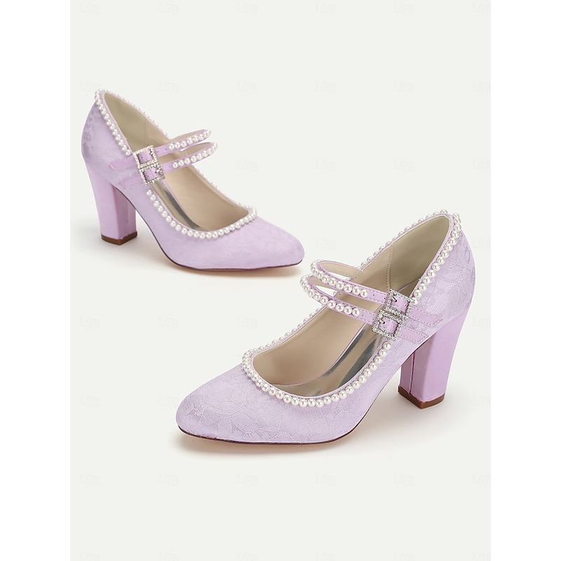 Women's Purple Lace Mary Jane Heels - Pearl Embellished Block Heels for Weddings, Parties, and Elegant Occasions3