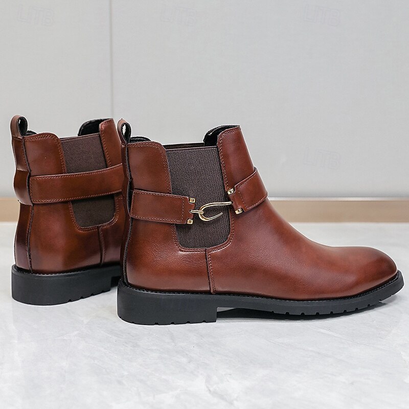 Men's Brown Faux Leather Chelsea Boots with Buckle Strap, Polished Finish, and Rugged Sole – Classic Casual & Formal Footwear4