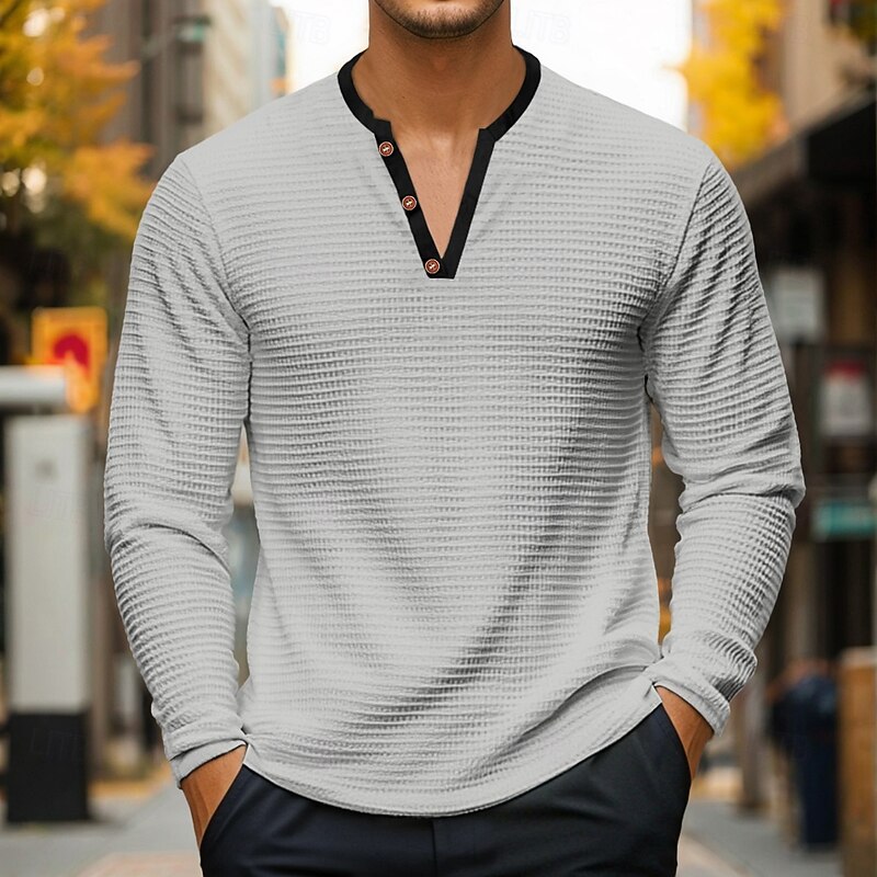 Men's Waffle Henley Shirt Tee Top Long Sleeve Shirt Long Sleeve Henley Summer Solid Color Fashion Designer Comfortable Buttons V Neck Outdoor Casual Daily Black White Blue Top Tee for Men2