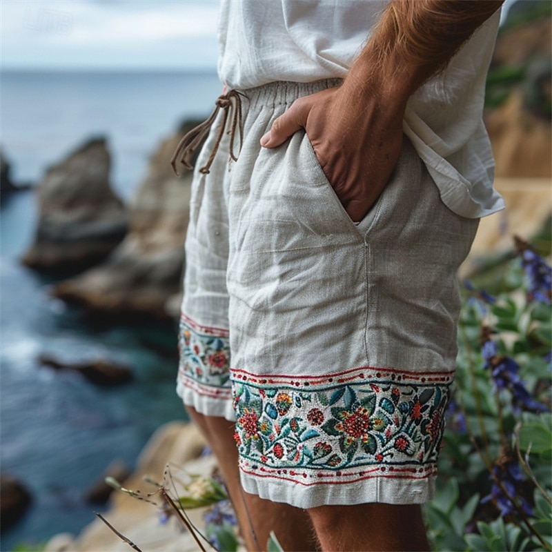 Men's Shorts Linen Shorts Summer Shorts Beach Shorts Patchwork Drawstring Elastic Waist Plain Breathable Knee Length Vacation Holiday Beach Fashion Casual White