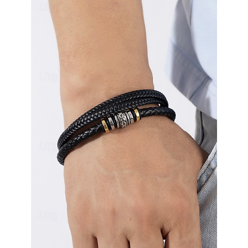 Men's Braided Leather Bracelet with Metal Bead Accents – Stylish Double-Layer Black Bracelet with Magnetic Clasp2