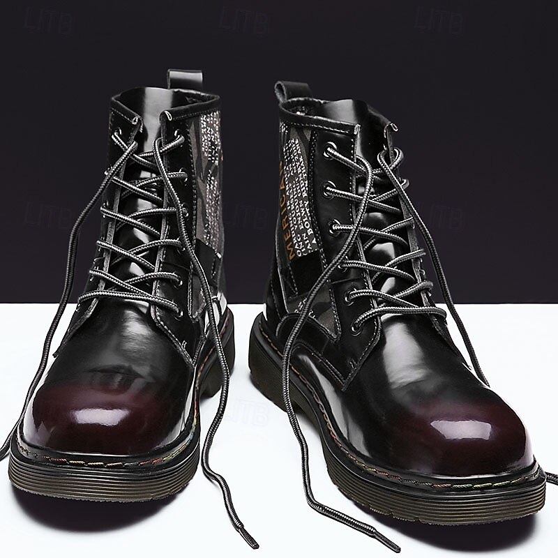 Men's Patent Faux Leather Combat Boots - Military-Style Lace-Up Design with Camouflage Details, Rugged Sole for Outdoor and Casual Wear4