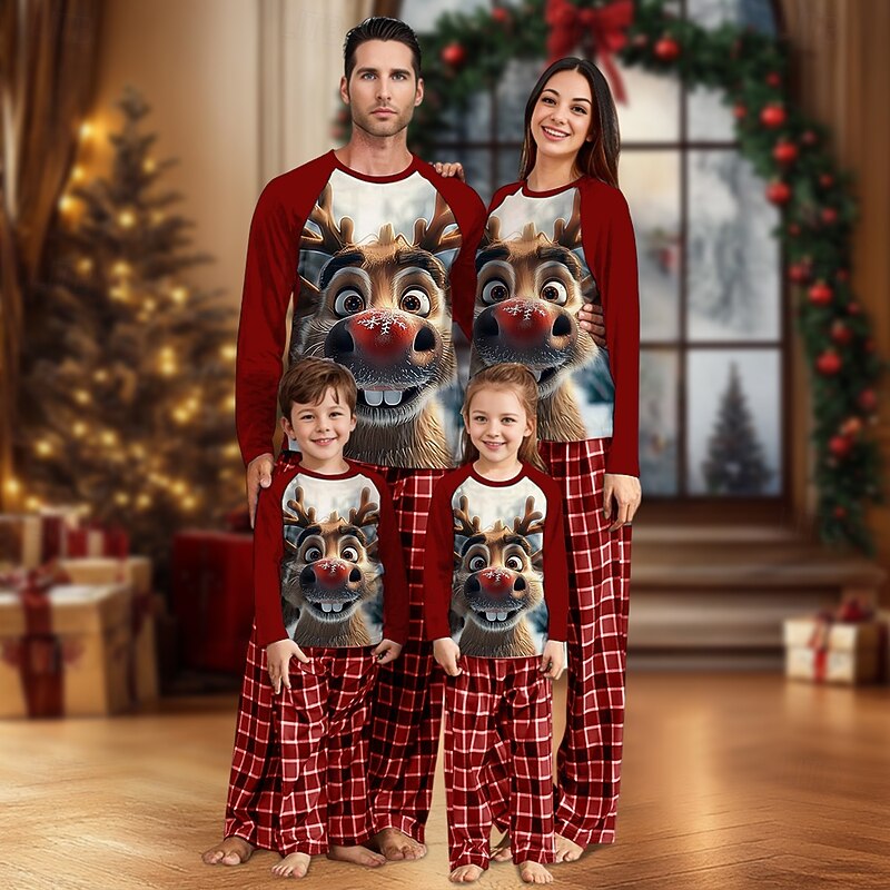 Reindeer Family Christmas Pajamas Nightwear Men's Women's Boys' Girls' Family Matching Outfits Sweet Plaid Pattern Adults Kid's Christmas New Year Christmas Eve Christmas Vacation Home Wear Top Pants