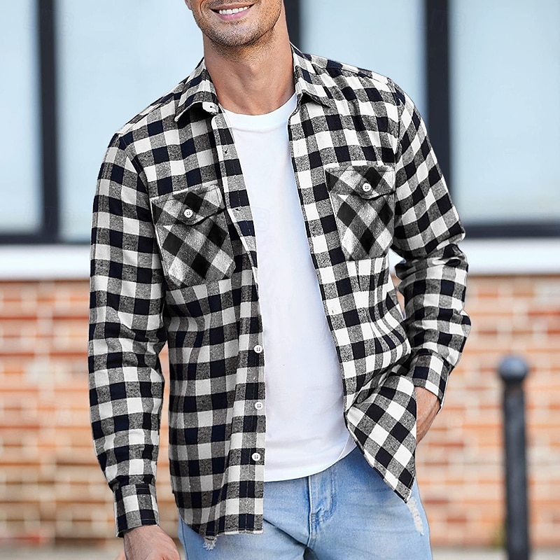 Men's Shirt Flannel Shirt Overshirt Plaid Outdoor Street White Red Blue Purple Long Sleeve Winter Spring &  Fall Clothing Apparel