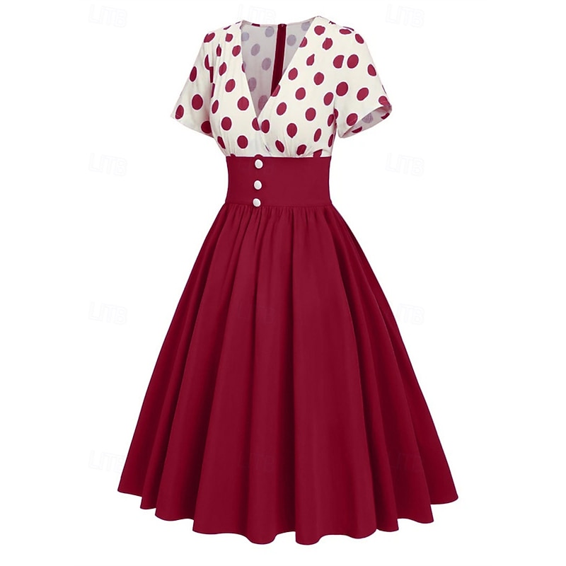 Retro Vintage 1950s Grease Outfits Rockabilly Midi Dress Swing Dress Flare Dress High Waist Polka dots A-Line Deep V Fancy Dress Women's Carnival New Year Tea Party Casual Daily Retro Adults' Dress3