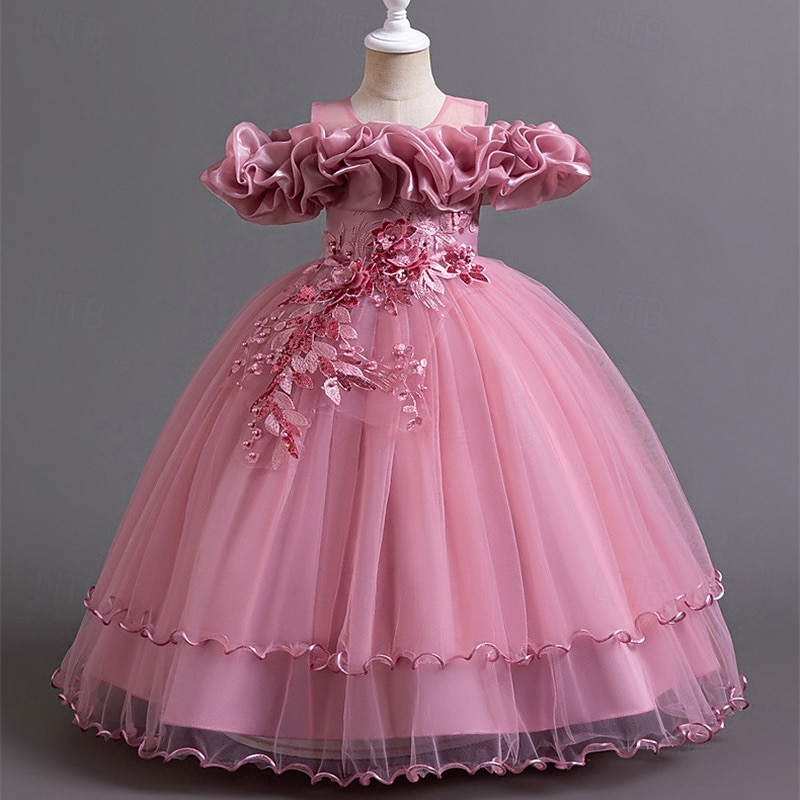 Flower Girl Dress Kid's Girls' Princess Dress Performance Wedding Party Elegant Beautiful Mesh Solid Color Sleeveless Crew Neck White Champagne 4 years+