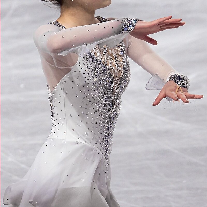 Figure Skating Dress Women's Girls' Ice Skating Dress White Patchwork Thumbhole Mesh Spandex Stretchy Training Practice Professional Skating Wear Thermal Warm Crystal / Rhinestone Long Sleeve Ice3