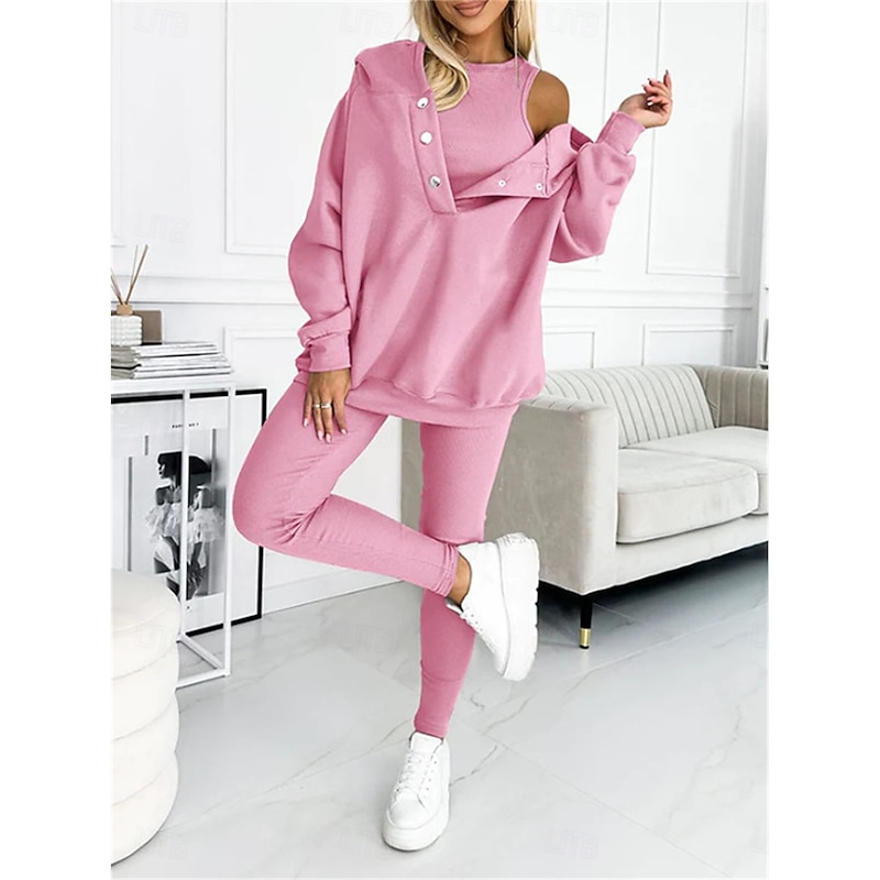 Women's 3pcs Loungewear Set Coordinated Hoodie with Shoulder Cut-Out and Joggers Pink Casual Sporty Outfit Elastic Fashionable Spring Autumn