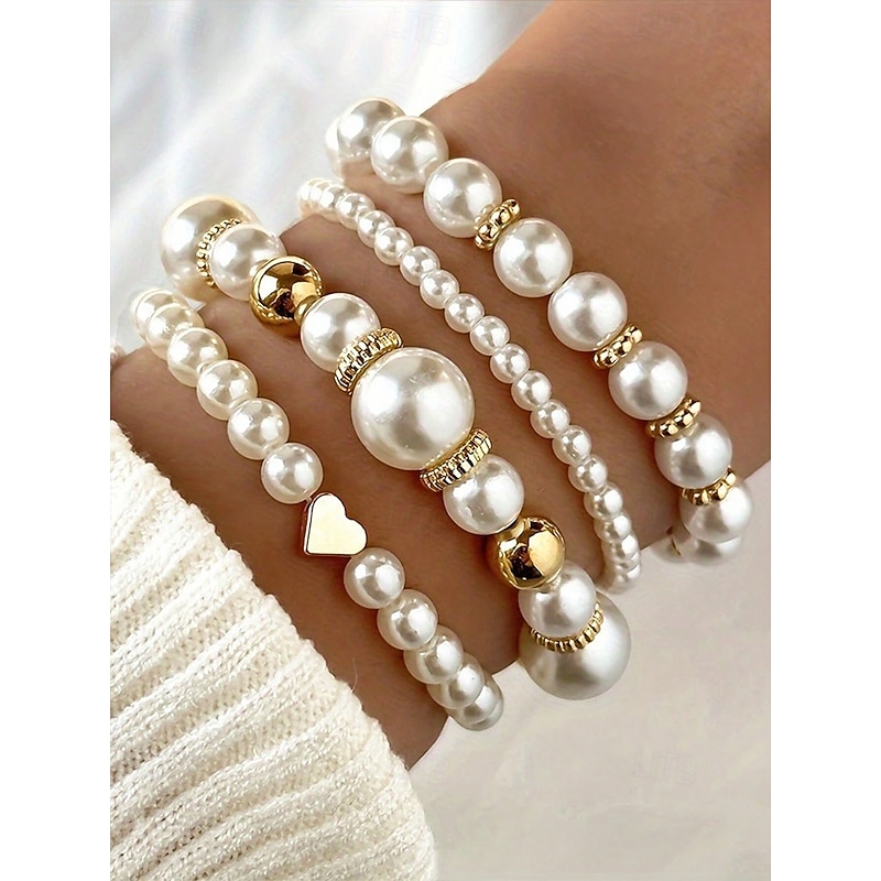 Women's Elegant Stackable Pearl Bracelet Set - 4 Pieces, Gold Tone, Freshwater Pearls, Perfect for Weddings and Parties