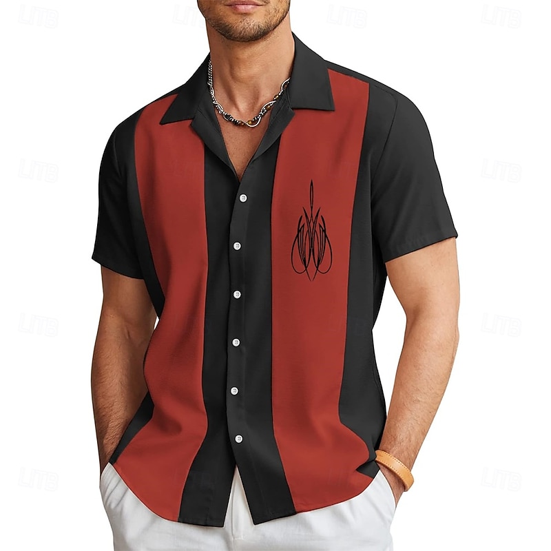 Men's Curve Pinstripe Bowling Shirt Button Up Shirt Short Sleeve Casual Vacation Sport Summer Spring Cuban Collar Button Up Red