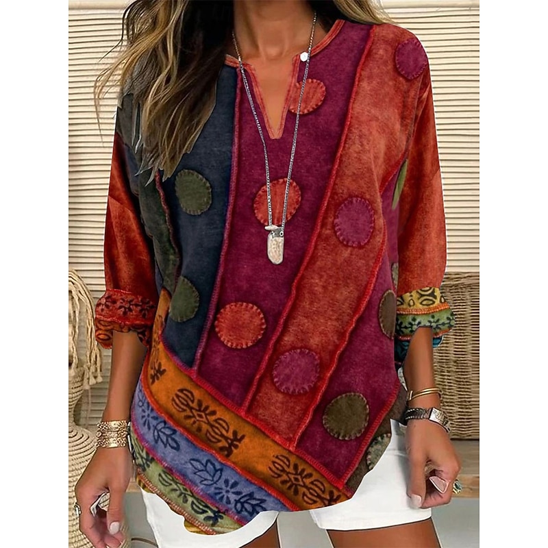 Women's Shirt Blouse Graphic Marble Casual Long Sleeve Notched Neck Regular Tops Daily Print Wine Blue Khaki Fall Winter2