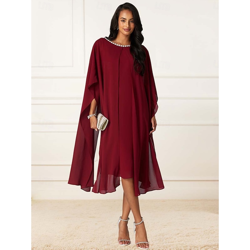 Women's Tea Length Prom Dress Elegant Cocktail Party Regular Fit Half Sleeve Crew Neck Red Summer Spring2