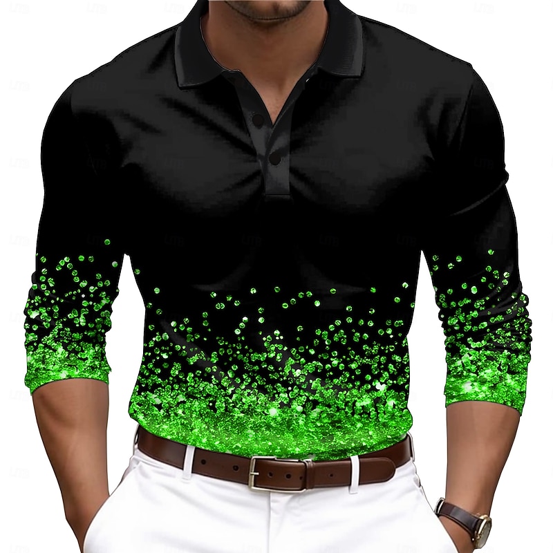 Men's Jeweled 3D Digital Print Polo Shirts Golf Shirt Long Sleeve Polo Shirts Collared Shirts Casual Outdoor Party Evening Wear Dailywear Buttons 3D Print Spring Fall Winter Golden yellow Red Blue3