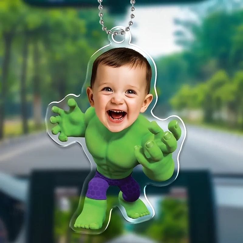 Personalized Photo Hanging Ornaments Custom Hulk Superhero Kid Face Acrylic 2D Christmas Tree Ornaments Hanging Car Pendant Gifts for Superhero Fans