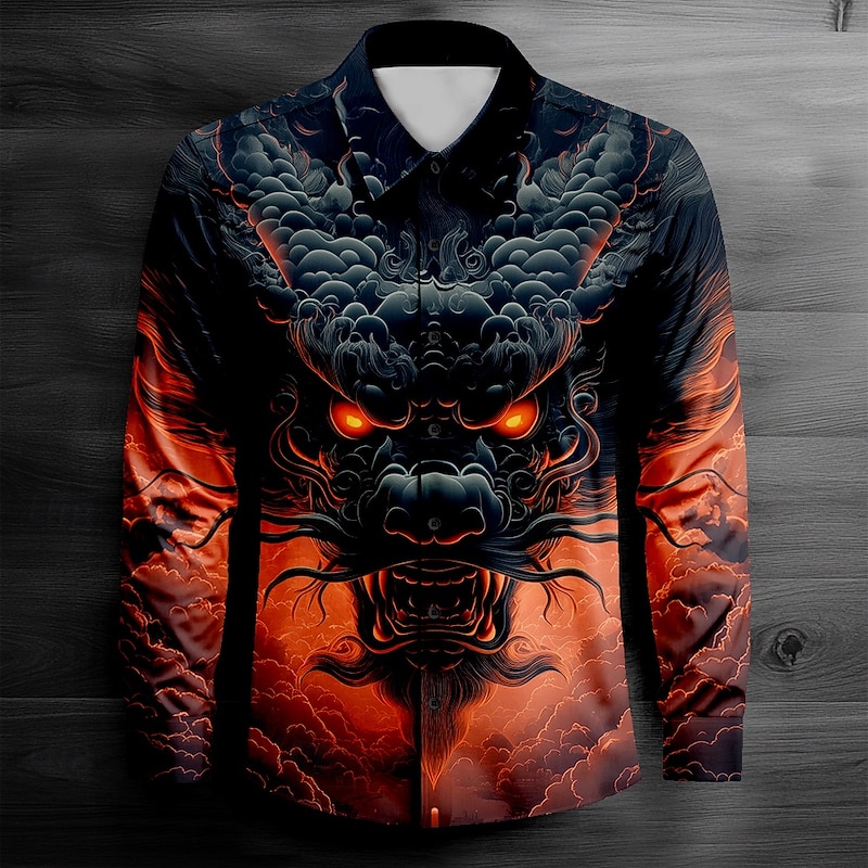 Men's Dragon Button Up Shirt Long Sleeve Fashion Casual Dark Party Evening Wear Street Daily Fall Winter Spring & Summer Shirt Collar Button Up 3D Print Black
