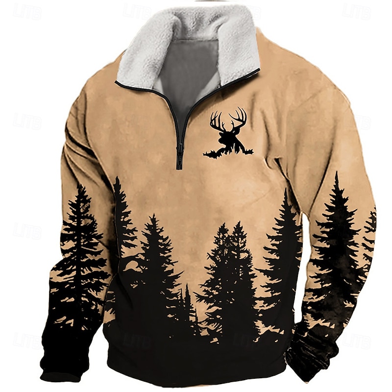 Men's Forest Deer Sweatshirt Quarter Zip Sweatshirt Long Sleeve Sweatshirt Stand Collar Quarter Zip Casual Vintage Retro 3D Print Vacation Going out Streetwear Half Zip Fall Winter4
