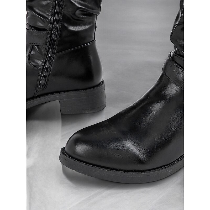 Women's Black Mid-Calf Slouchy Boots with Croc-Embossed Detail and Gold Buckle Accents – Casual and Stylish Design 5