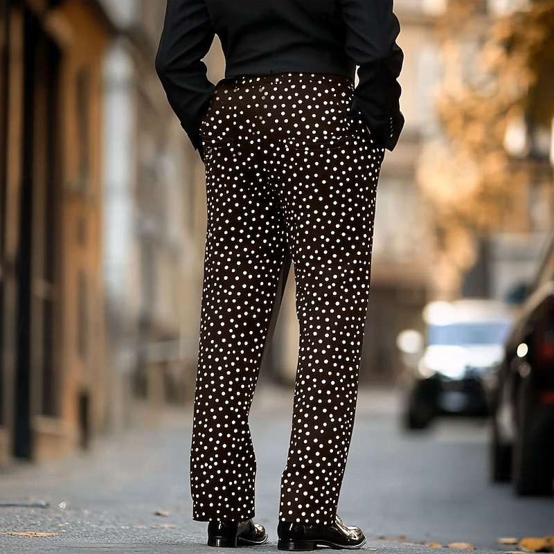 Men's Geometric Pattern Polka dots Dress Pants Mid Waist Business Casual Formal Wedding Dailywear Zipper Pocket Straight Leg Trousers Summer Spring Fall 3D Print Brown3