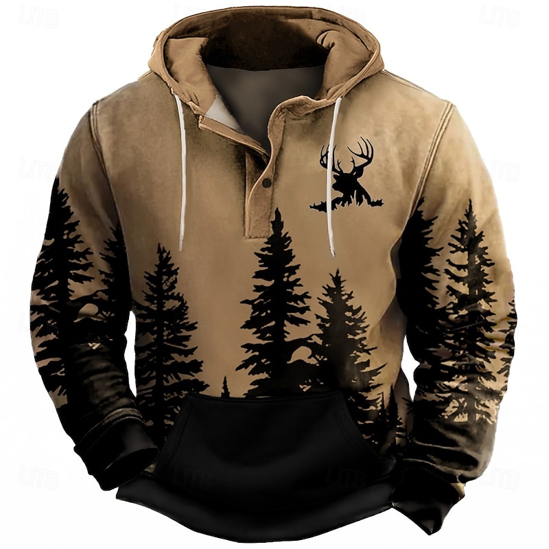 Men's Forest Deer Hoodie Sweatshirt Cowboy Casual Long Sleeve Hooded Sports Outdoor Streetwear Light Brown Brown Pocket 3D Print Fall Winter Designer