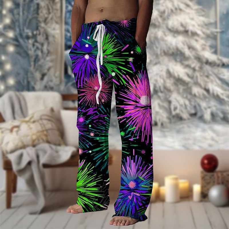 Men's Floral Floral Stripe Pants Trousers Mid Waist Drawstring Elastic Waist Hawaiian Casual Outdoor Vacation Party Evening Wear Straight Leg Trousers Summer Spring Fall 3D Print Blue Purple Orange4