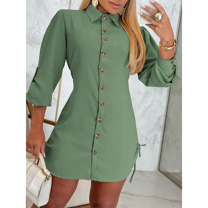 Women's Shirt Dress Mini Dress Buttons Casual Shirt Collar Long Sleeve Black Blue Green Color