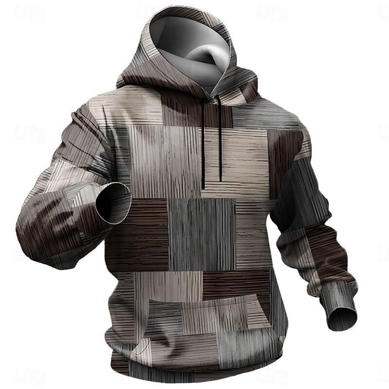 Men's Plaid Hoodies Sweatshirt Fashion Cool Long Sleeve Crew Neck Party Holiday Streetwear Gray Drawstring Fall Winter Designer