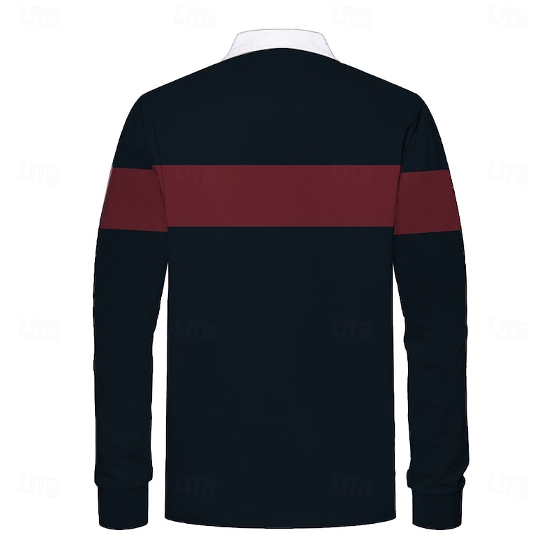 Men's Striped Rugby Polo Shirts Long Sleeve Polo Shirts Collared Shirts Business Casual Outdoor Dailywear Wear to work Buttons 3D Print Spring Fall Winter Ink Blue2
