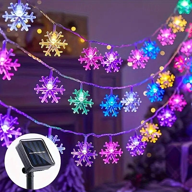 Solar Snowflake String Lights Outdoor Garden Star Fairy Lights Waterproof Festival Wedding Holiday Romantic Double Lights 8 Lighting Modes 100/200LEDs for Christmas Bedroom Courtyard Garden Window Decoration