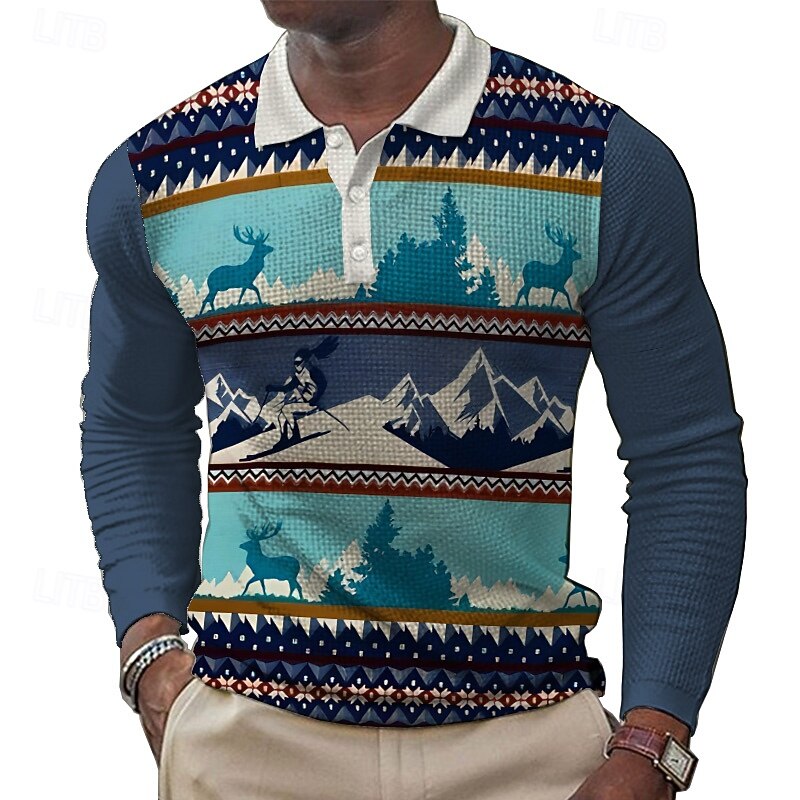Men's Ski Deer Waffle Polo Shirts Golf Shirt Long Sleeve Polo Shirts Collared Shirts Vintage Casual Outdoor Dailywear Holiday Buttons 3D Print Spring Fall Winter Blue Brown Army Green