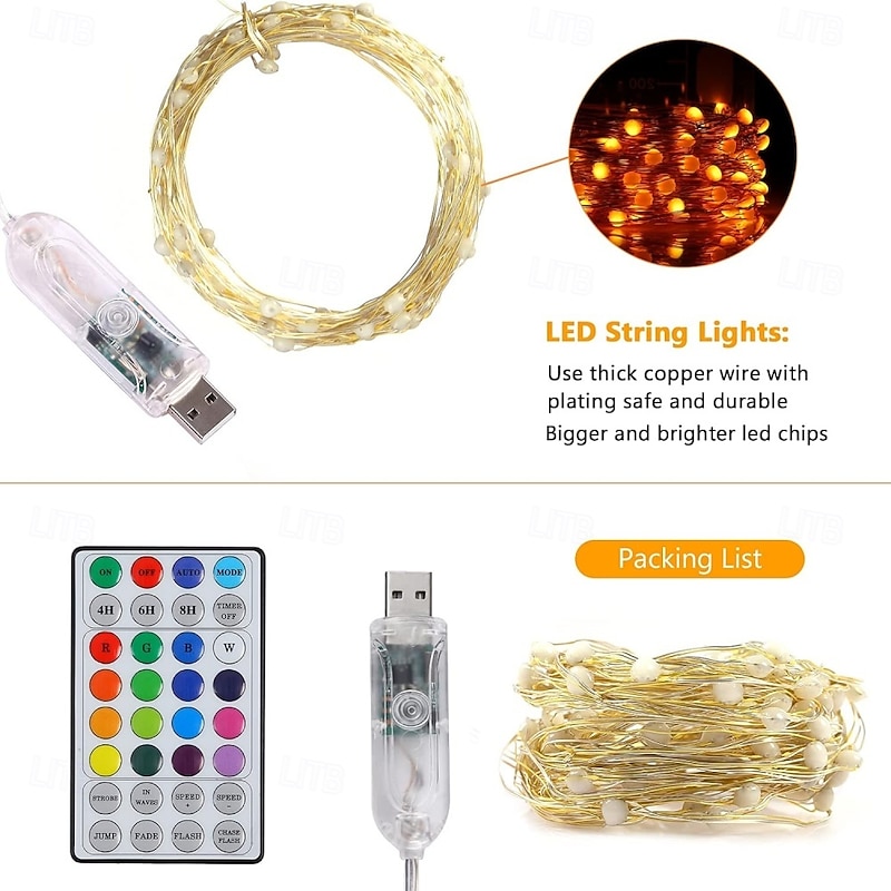 Color Changing Fairy String Lights with Remote Control, Waterproof USB LED Twinkle Lights 16.4ft & 32.8ft for Christmas Decoration, Wedding, Party Decoration3