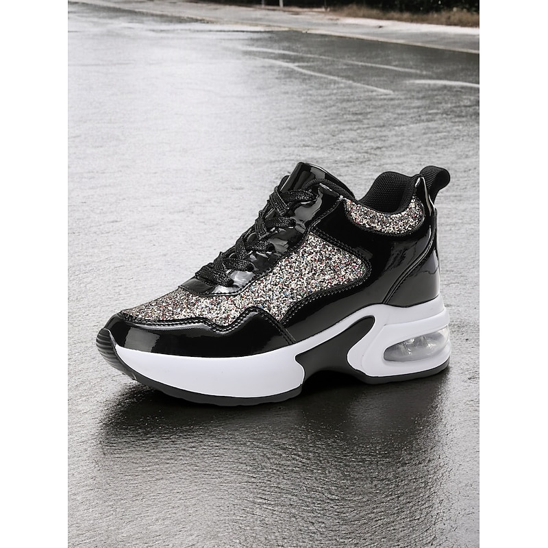 Women's Glitter Platform Sneakers with Air Cushion Sole – Sparkling Black Lace-Up Athletic Shoes for Casual and Party Wear3