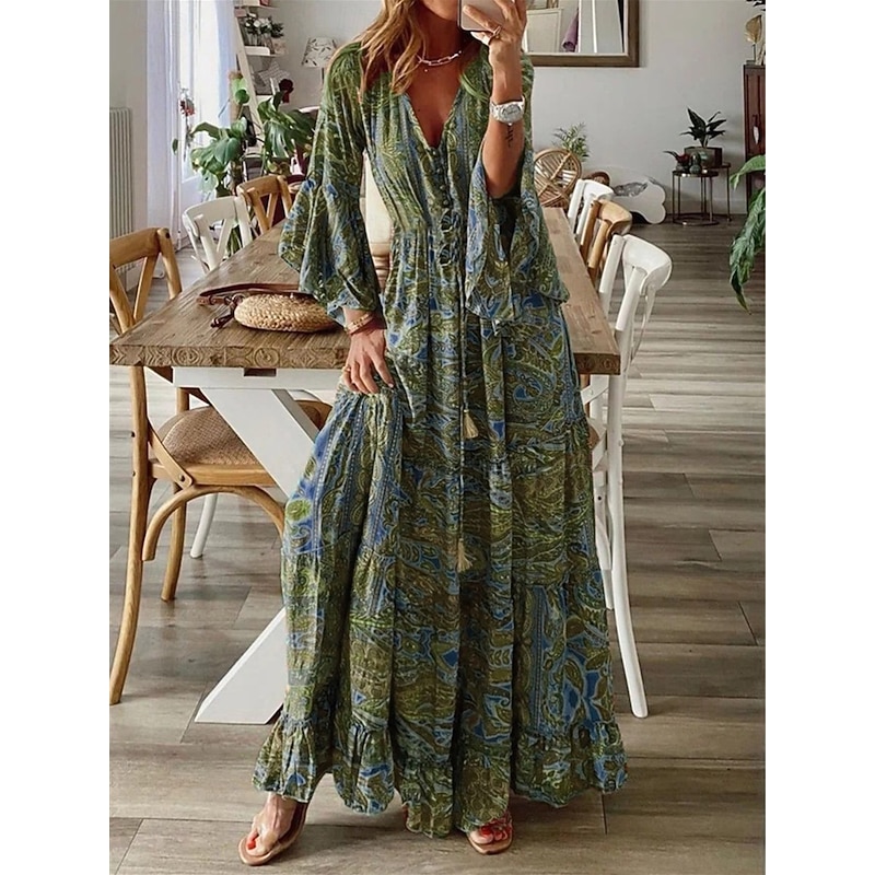 Women's Maxi Dress Casual Dress Swing Dress A Line Dress Boho Dress Vintage Casual Daily Regular Fit Floral Long Sleeve V Neck Red Blue Purple Orange Summer Spring Fall2