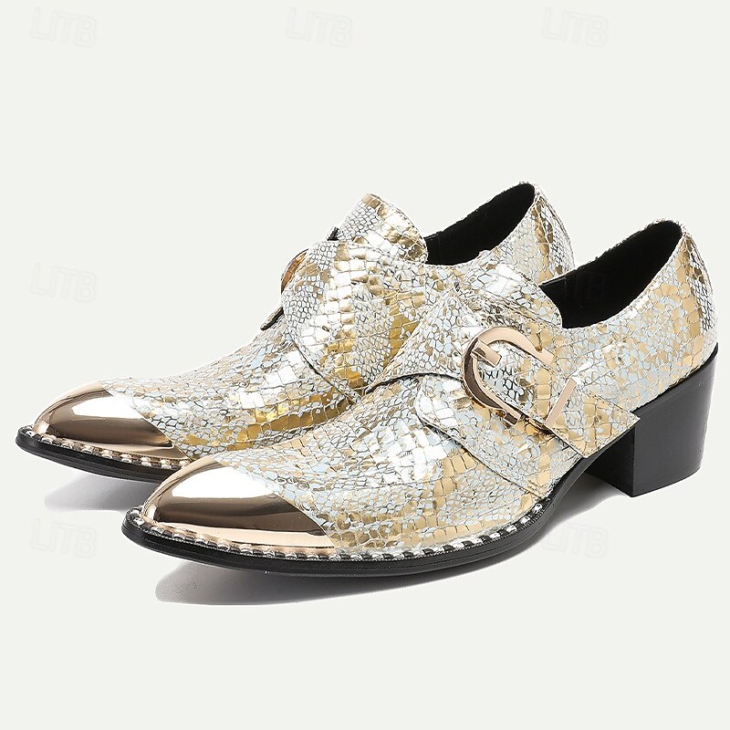 Men's Gold Metallic Leather Dress Shoes with Snake Skin Pattern, Square Toe and Buckle Detail - Perfect for Weddings, Parties, and Other Special Events2