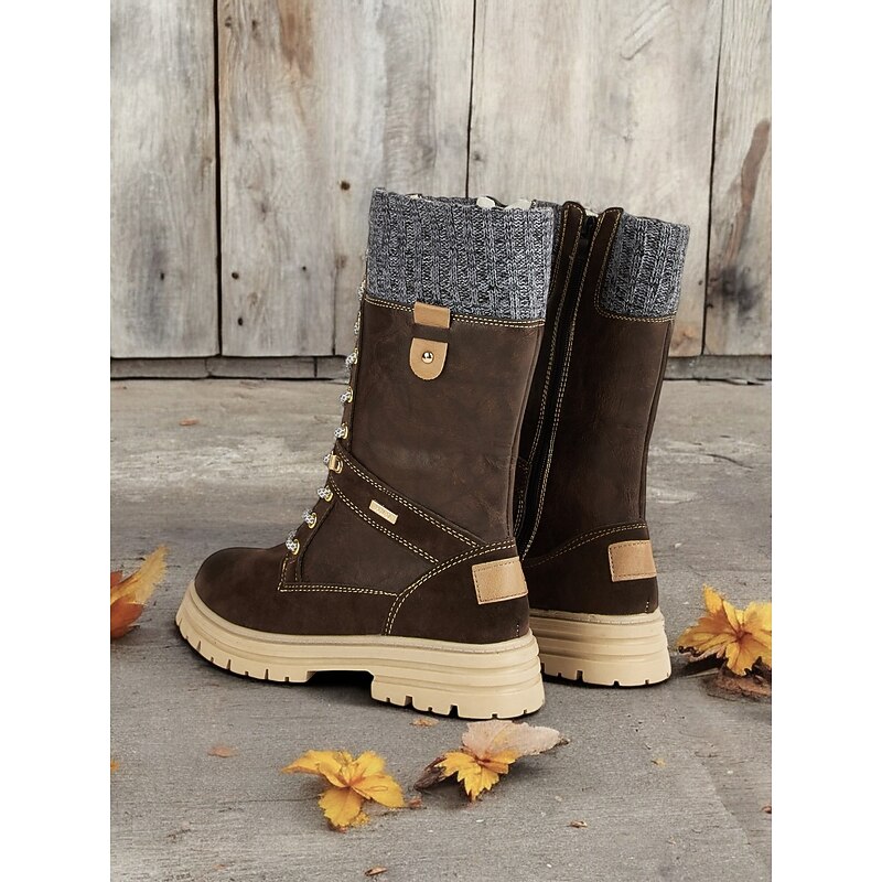 Women's Brown Lace-Up Winter Boots – Faux Leather, Knit Cuff Design, Insulated Lining, Rugged Sole for Cold Weather and Outdoor Adventures4