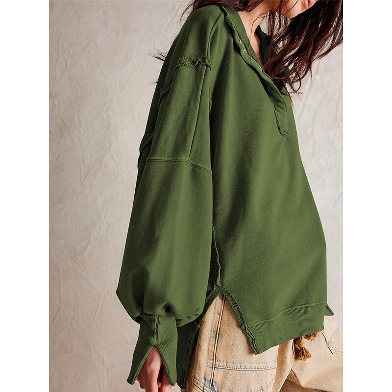 Women's Sweatshirt Casual Plain Street Dailywear V Neck Buttons Long Sleeve White Fuchsia Green Fall Winter3