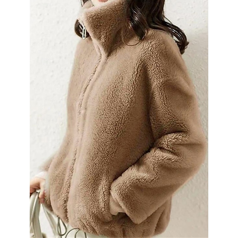 Women's Sweatshirt Casual Sherpa Plain Street Dailywear Turtleneck Zipper Pocket Long Sleeve White Light Green Khaki Fall Winter2