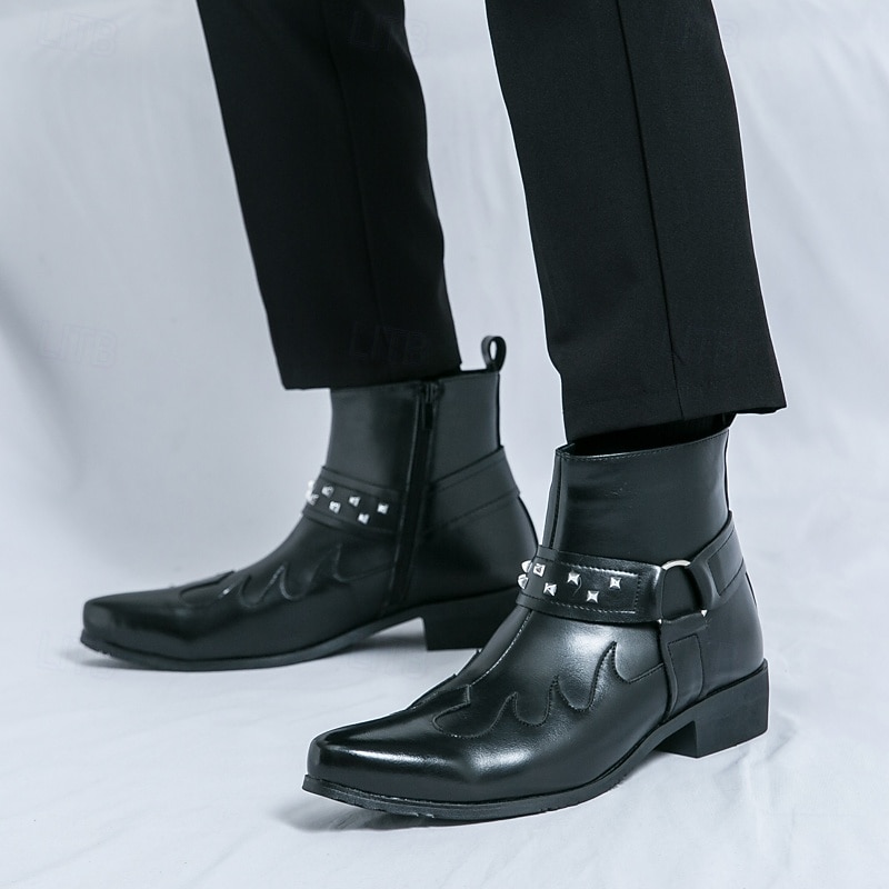 Men's Black Faux Leather Ankle Boots with Studded Strap and Unique Embroidery, Stylish Western Design, Perfect for Casual and Night Out Wear2