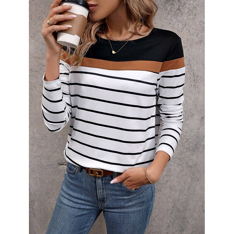 Women's T shirt Crew Neck Long Sleeve Tunic Color Block Striped Modern Casual  Regular Tops Daily Weekend Print Black White Fall Winter4