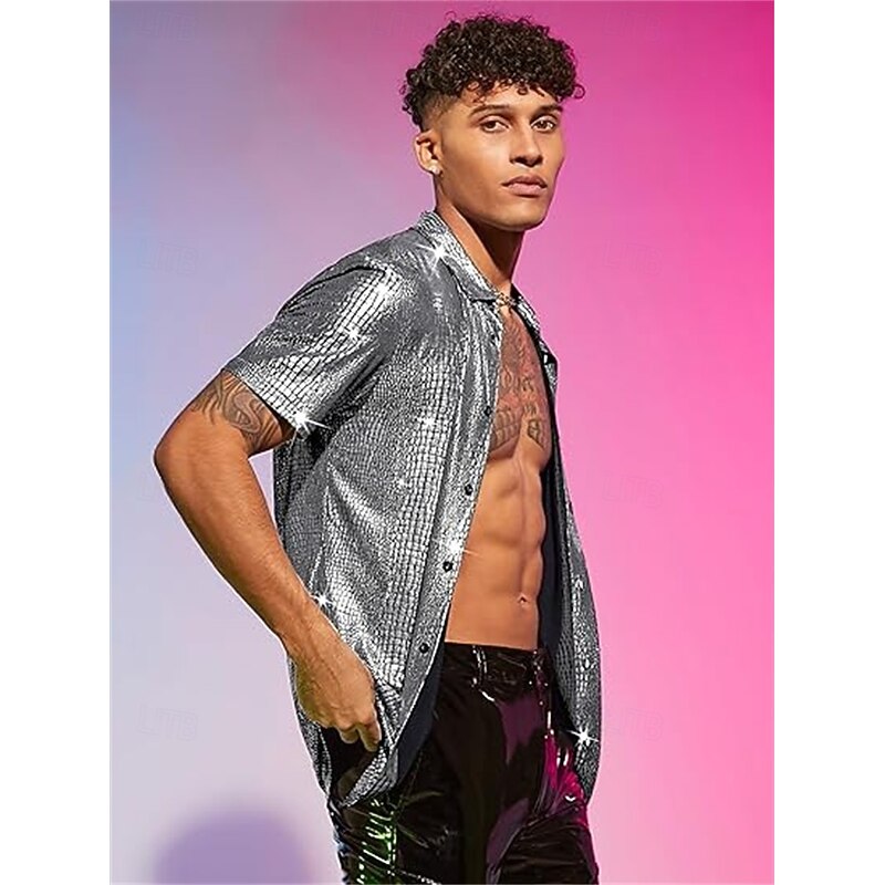 Retro Vintage 1970s 1980s Shirt Disco Shiny Metallic Fancy Dress Men's Carnival Costume Halloween Carnival Performance Party Club Adults' Shirt Spring & Summer3