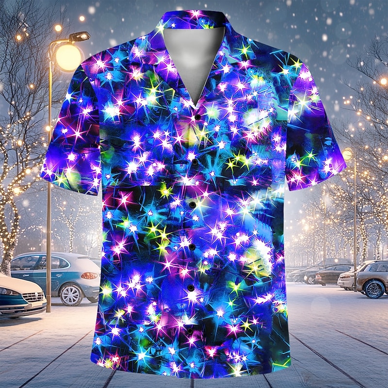 Christmas Men's Sparkly Glittery Shirt Short Sleeve Casual Resort Daily Holiday New Year Eve Summer Cuban Collar Print Button-Down Light Blue Pink Blue Green Dark Blue4
