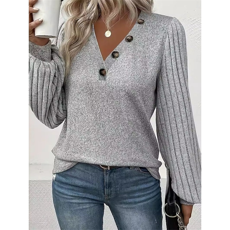 Women's Shirt Blouse Solid Color Basic Casual Long Sleeve V Neck Regular Tops Daily Buttons Gray Fall Winter