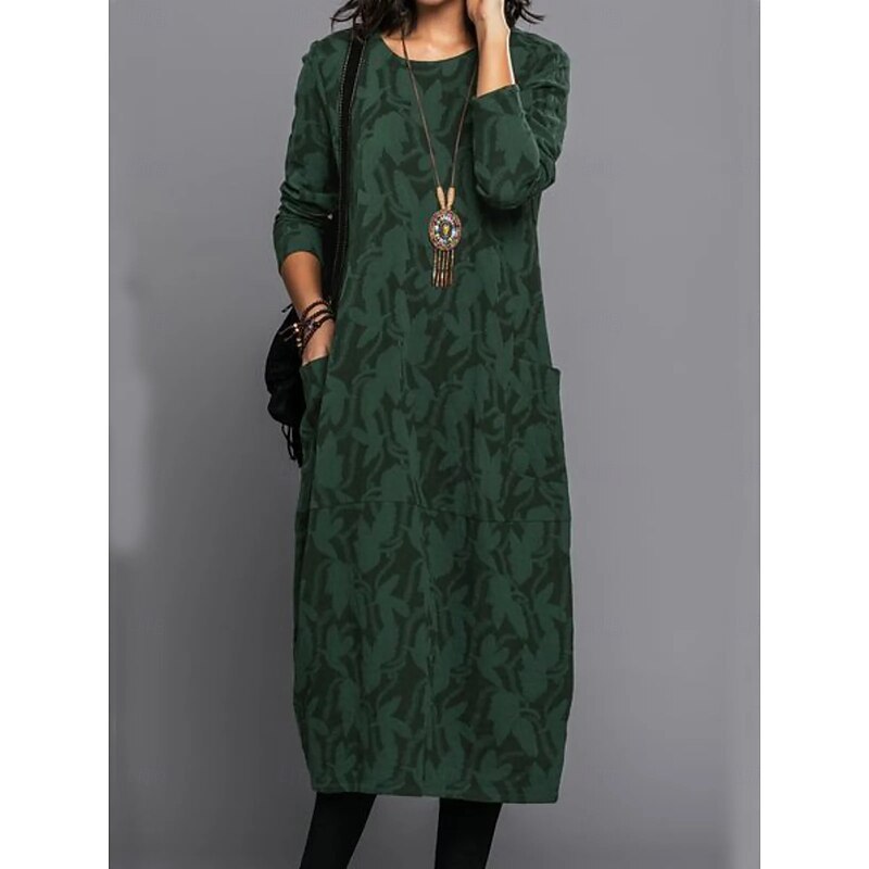 Women's Floral Crew Neck Midi Dress Long Sleeve Spring Fall