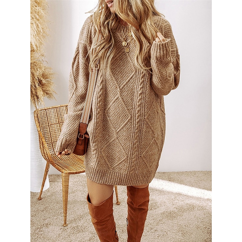 Women's Sweater Dress Casual Soft Pure Color Cable Crew Neck Knitted Long Sleeve Long Tops Knit Outdoor Daily Weekend Black Green Fall Winter4