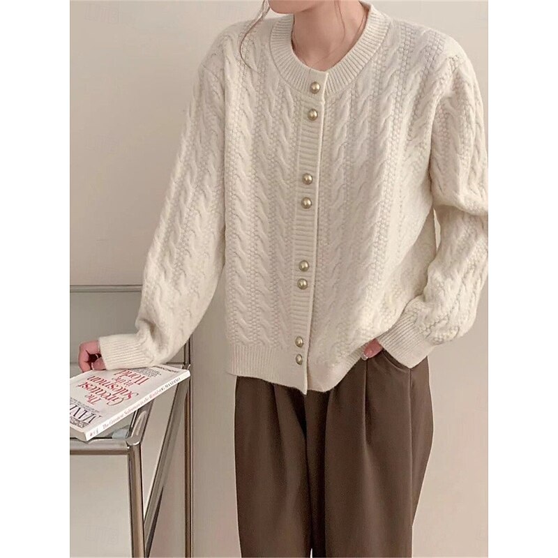 Women's Sweater Cardigan Casual Soft Pure Color Cable Crew Neck Buttons Knitted Long Sleeve Regular Tops Knit Outdoor Daily Weekend White Pink Fall Winter3
