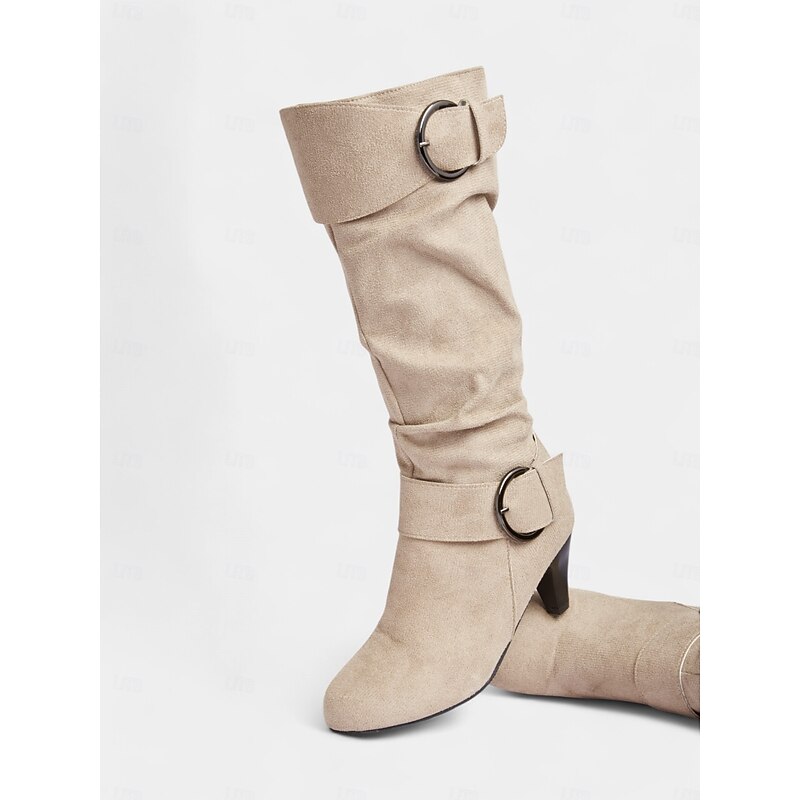 Women's Beige Suede Knee-High Boots with Buckle Detail – Stylish Mid-Heel Boots for Fall and Winter Outfits2