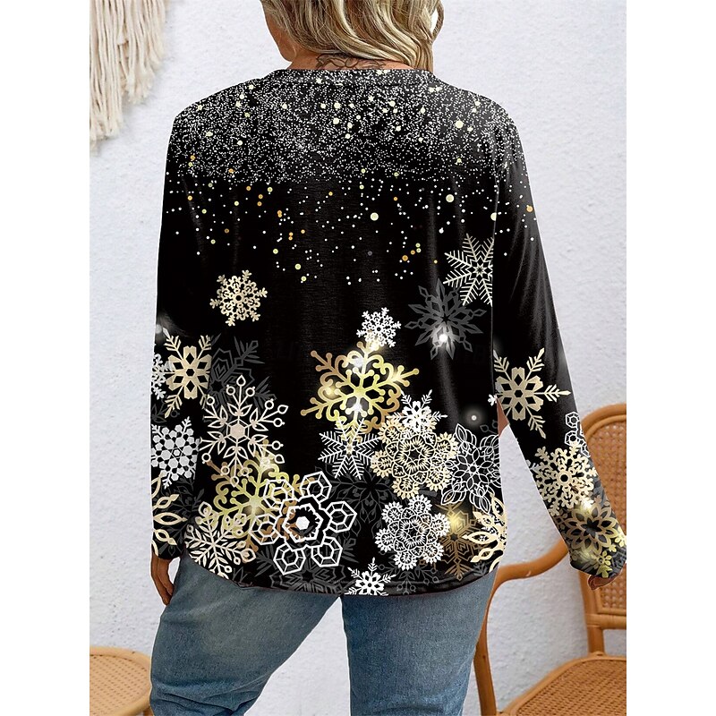 Women's Plus Size Tops T shirt Snowflake Print Long Sleeve Crew Neck Casual Daily Fall Winter Black2