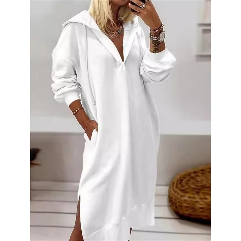 Women's White Dress Maxi Dress Pocket Split Casual Hooded Long Sleeve White Color