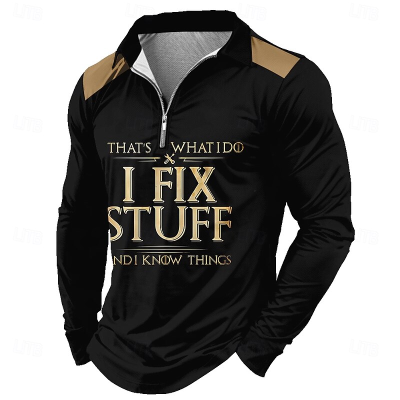 Men's Long Sleeve Quarter-Zip Graphic T-Shirt with 'I Fix Stuff And I Know Things' Work Humor Print, Collared4