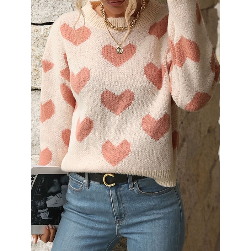 Women's Valentine Sweater Casual Soft Heart Ribbed Crew Neck Knitted Long Sleeve Regular Tops Knit Outdoor Daily Weekend Pink Fall Winter3
